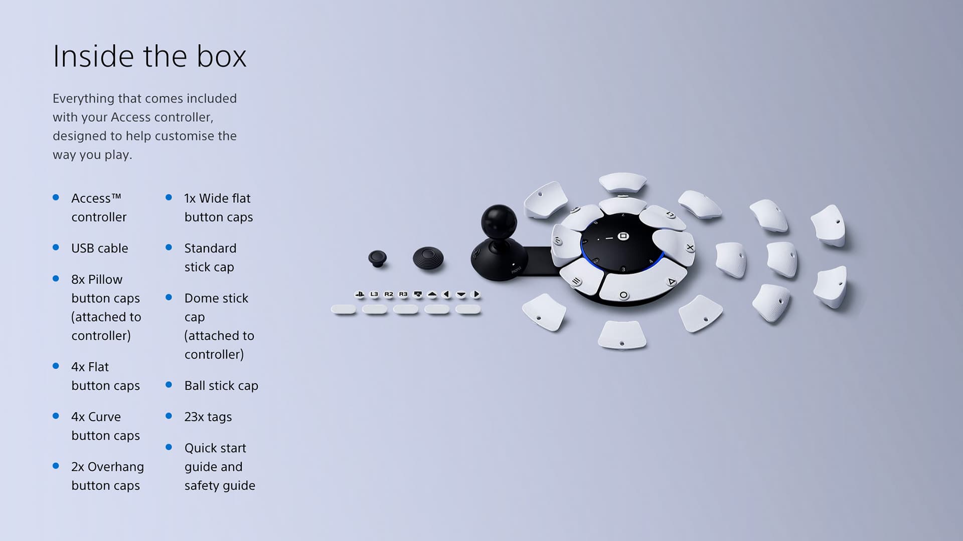 PlayStation Access Controller box contents – buttons, stick caps, cable