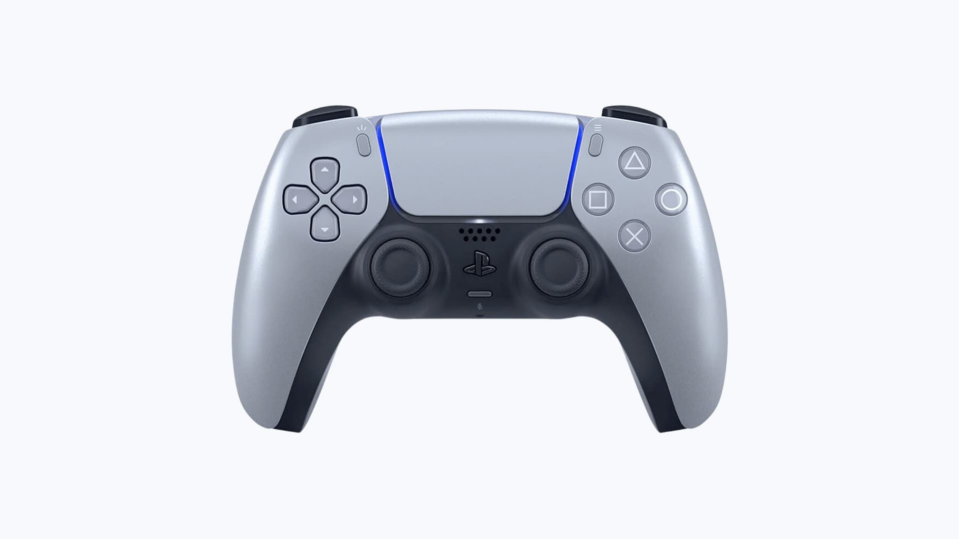 DualSense Sterling Silver PS5 controller front view – Metallic collection